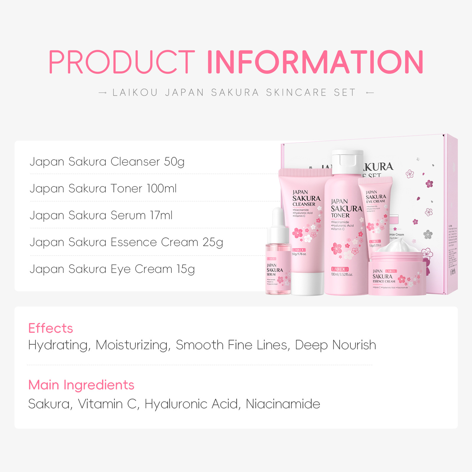 LAIKOU Sakura 5pcs Skin Care K - Essence Serum Toner recension och pris